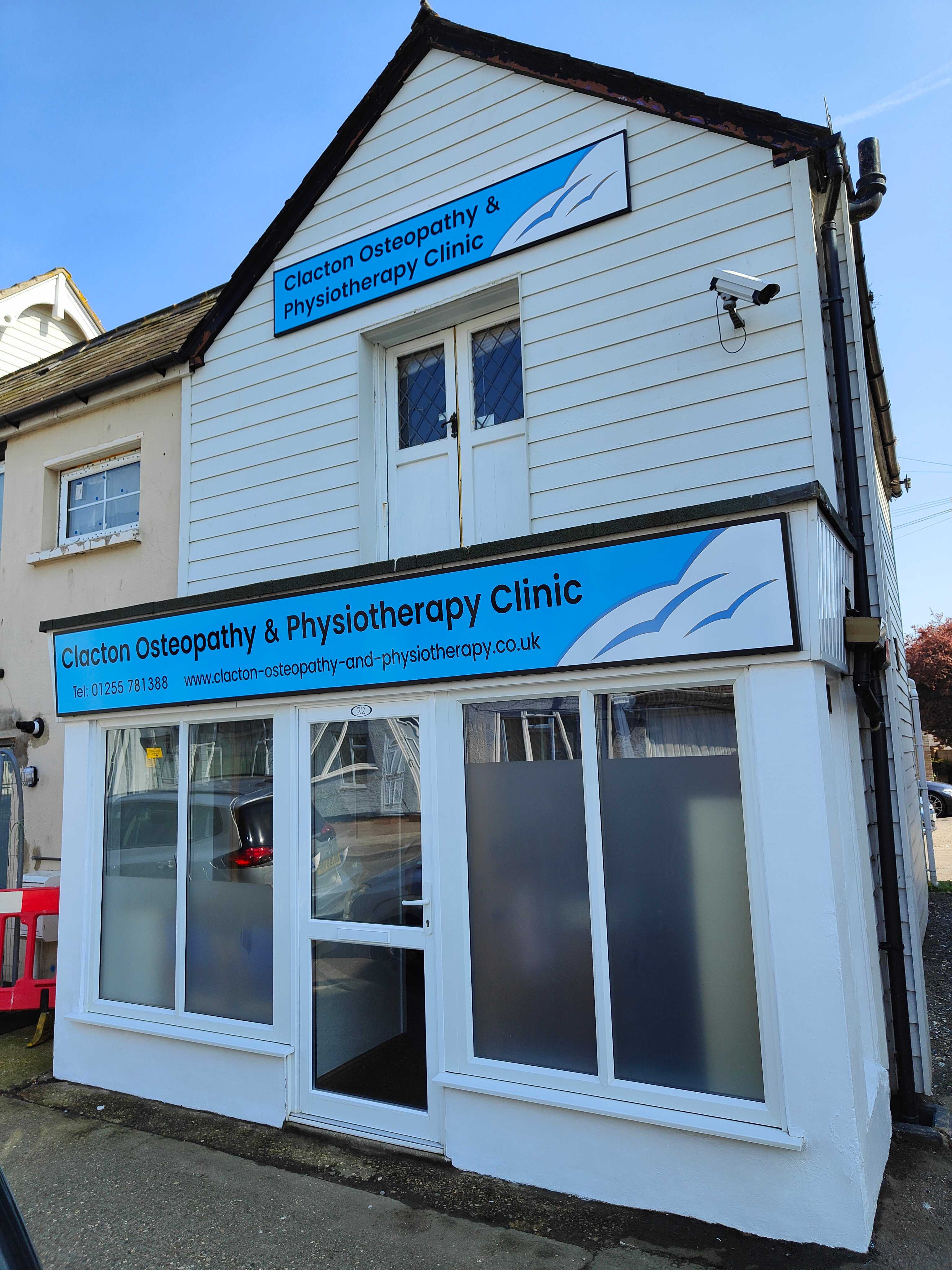 Picture of the exterior of Clacton Osteopathy & Physiotherapy clinic, with the clinic name displayed on the sign outside.