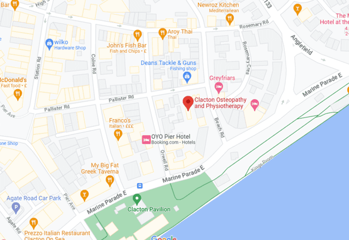 Google Maps screenshot showing the location of Clacton Osteopathy & Physiotherapy clinic, click the image to view on Google Maps.
